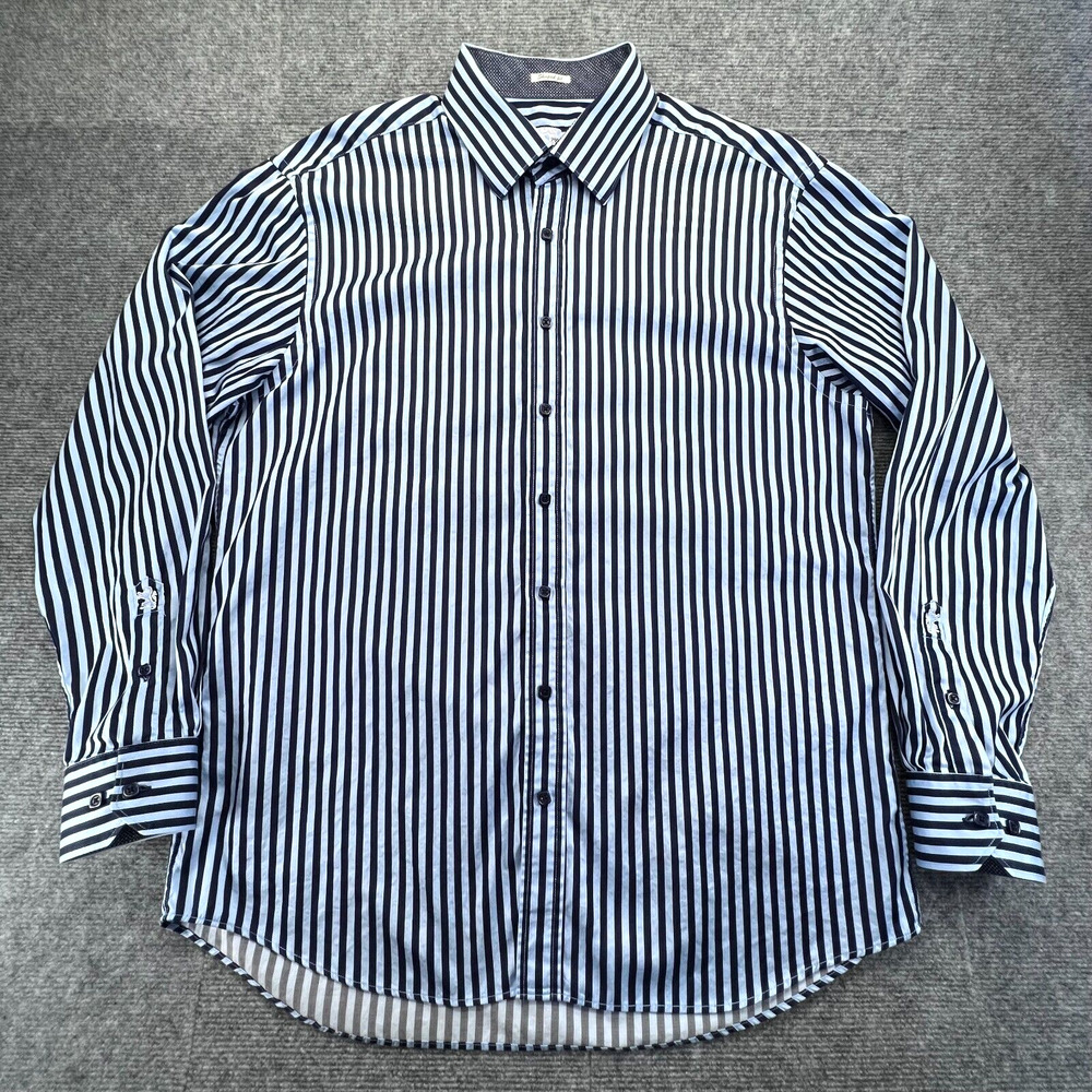 Vintage Bugatchi Shirt Mens XXL Blue Striped Flip Cuff Long Sleeve Shaped Fit